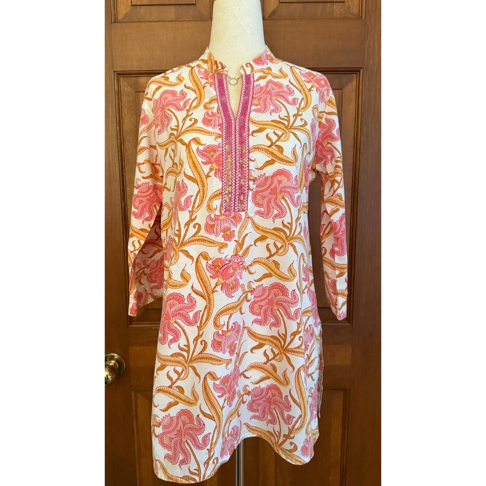 Westside Printed Cotton Tunic Shirt Womens Size M Floral Pink Sequin Lightweight - Picture 3 of 14